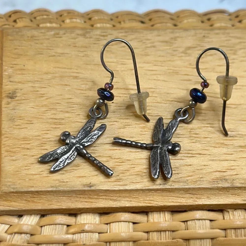 delicate dragonfly drip earrings, Silver stamped, with blue / purple bead accent